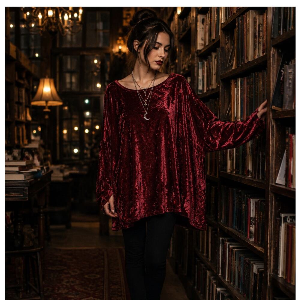 Vintage Red Crushed Velvet Tunic Top Small Oversized Witchy Romantic 90s Romance